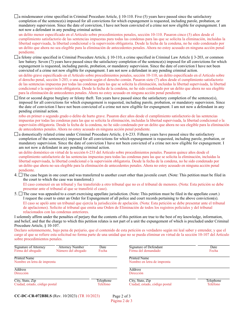 Form CC-DC-CR-072BBLS Petition for Expungement of Records (Non-marijuana / Cannabis Related Offenses) (Guilty Disposition) - Maryland (English / Spanish), Page 2