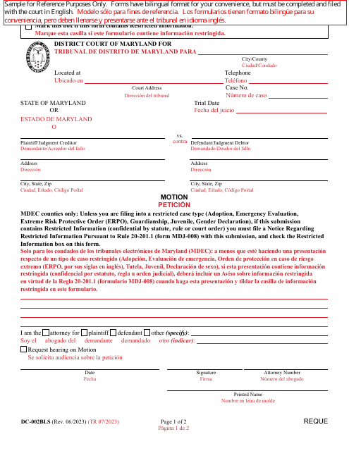 Form DC-002BLS Motion - Maryland (English/Spanish)