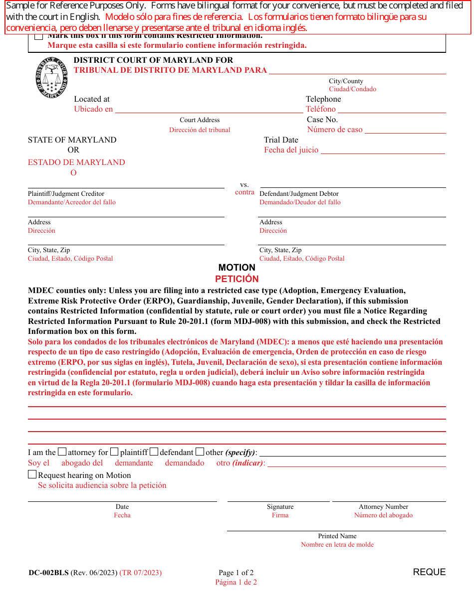 Form DC-002BLS Motion - Maryland (English / Spanish), Page 1