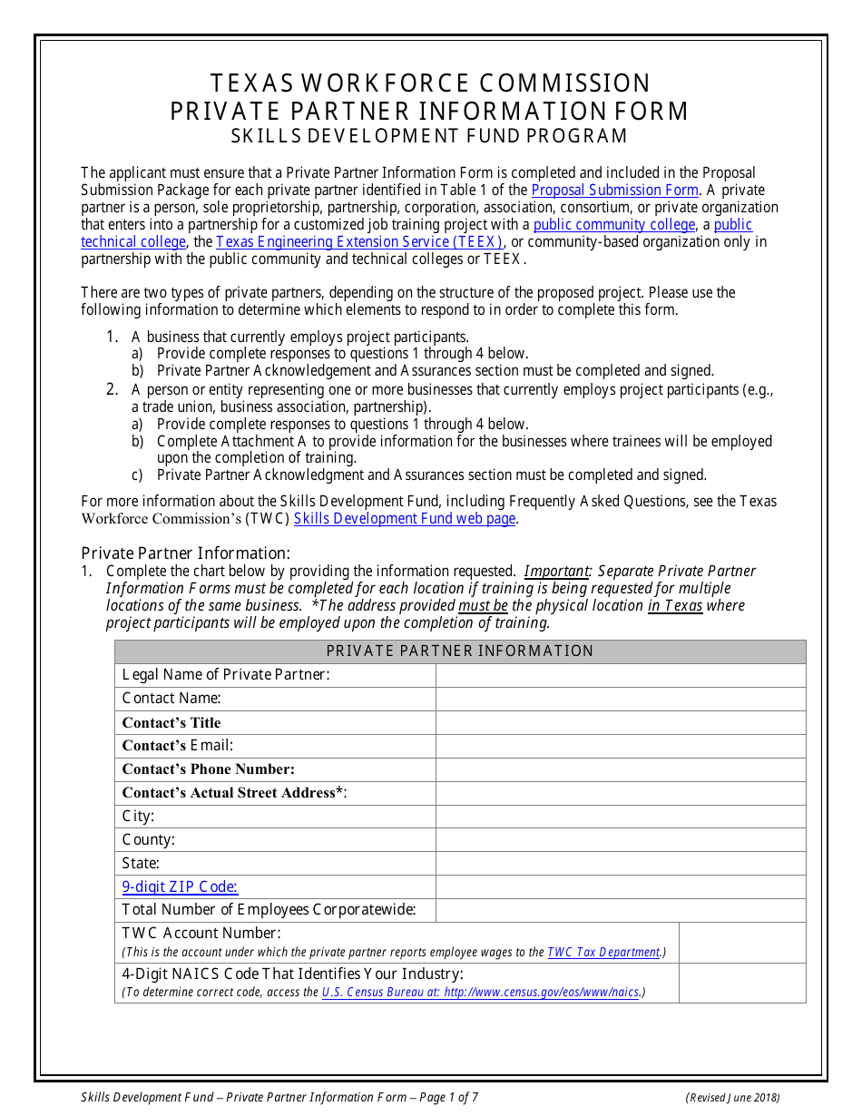 Private Partner Information Form - Skills Development Fund Program - Texas, Page 1