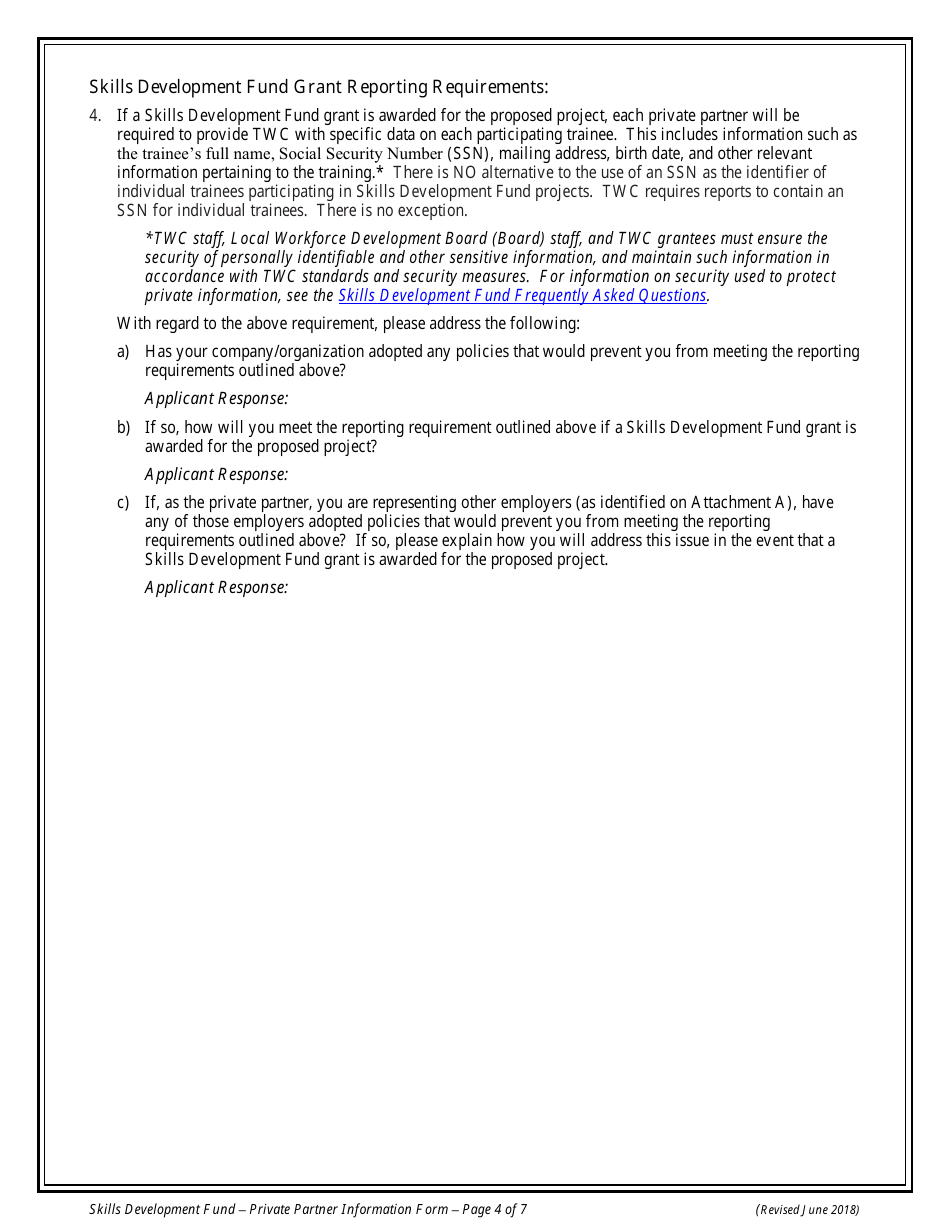 Private Partner Information Form - Skills Development Fund Program - Texas, Page 4