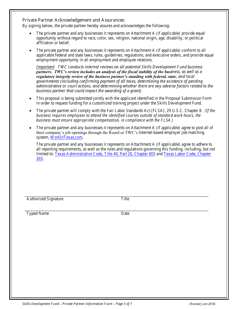 Private Partner Information Form - Skills Development Fund Program - Texas, Page 5
