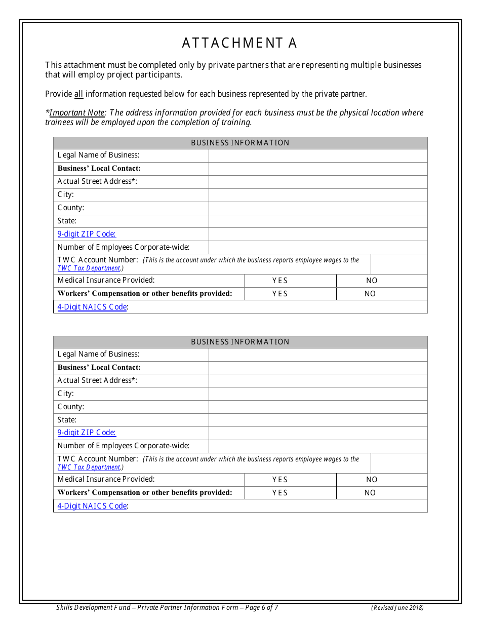 Private Partner Information Form - Skills Development Fund Program - Texas, Page 6