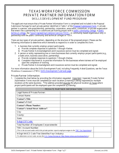 Private Partner Information Form - Skills Development Fund Program - Texas Download Pdf