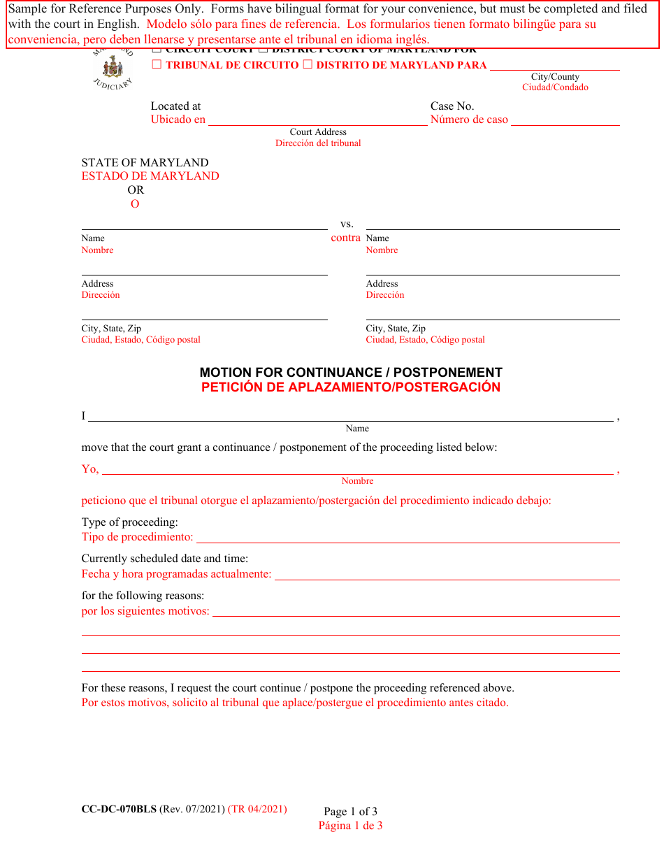 Form CC-DC-070BLS Motion for Continuance / Postponement - Maryland (English / Spanish), Page 1