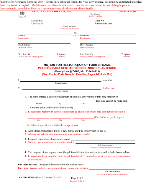 Form CC-DR-097BLS Motion for Restoration of Former Name - Maryland (English/Spanish)