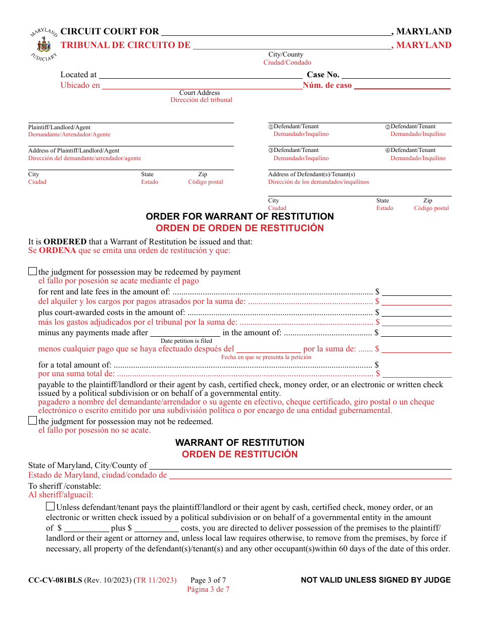 Form CC-CV-081BLS Peticion De Orden De Restitucion - Maryland (English / Spanish), Page 3
