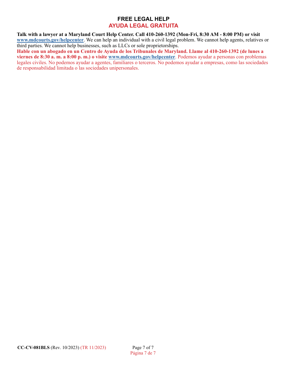 Form CC-CV-081BLS Peticion De Orden De Restitucion - Maryland (English / Spanish), Page 7