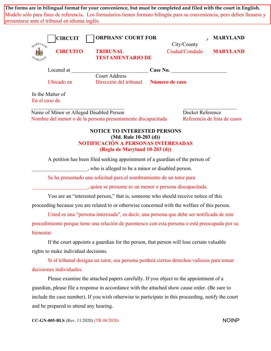 Form CC-GN-005-BLS Notice to Interested Person - Maryland (English / Spanish), Page 1
