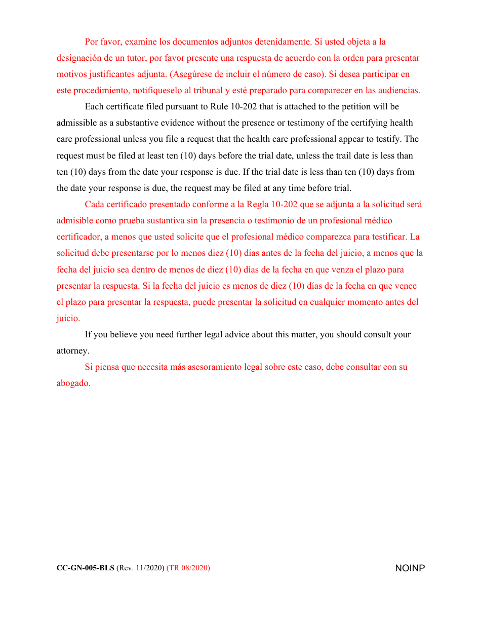 Form CC-GN-005-BLS Notice to Interested Person - Maryland (English / Spanish), Page 2
