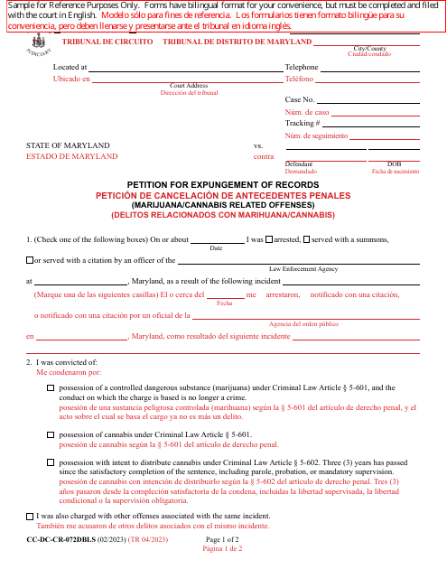 Form CC-DC-CR-072DBLS Petition for Expungement of Records (Marijuana/Cannabis Related Offenses) - Maryland (English/Spanish)