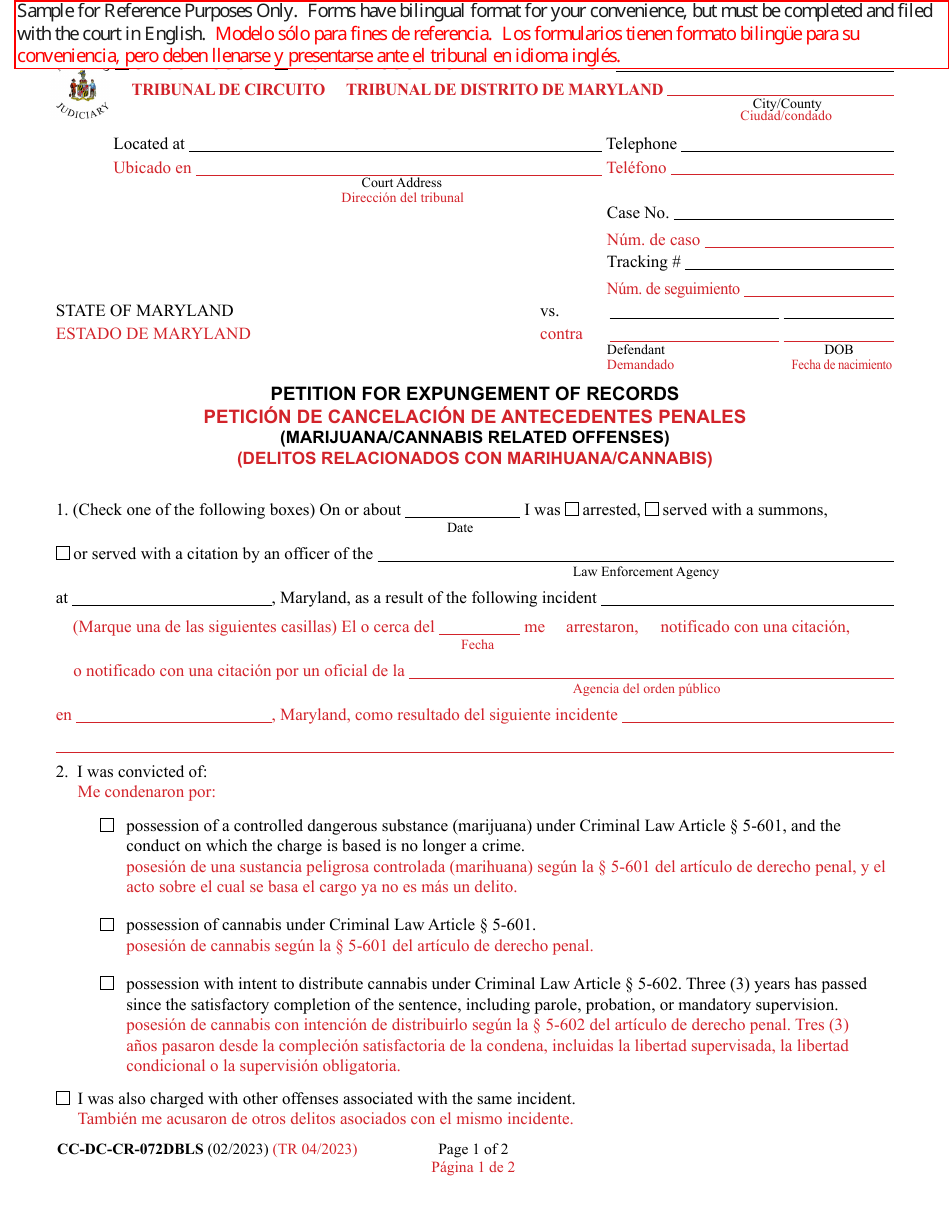 Form CC-DC-CR-072DBLS Petition for Expungement of Records (Marijuana / Cannabis Related Offenses) - Maryland (English / Spanish), Page 1