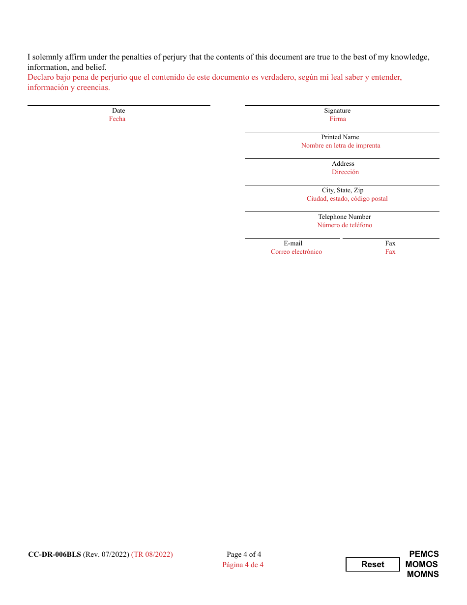 Form CC-DR-006BLS Petition to Modify Child Support - Maryland (English / Spanish), Page 4