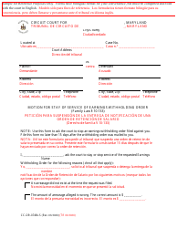 Document preview: Form CC-DR-074BLS Motion for Stay of Service of Earnings Withholding Order - Maryland (English/Spanish)