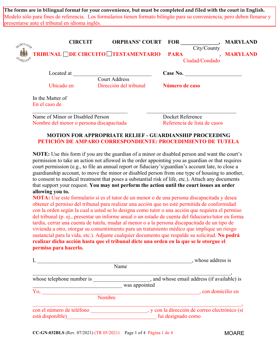 Form CC-GN-032BLS Motion for Appropriate Relief - Guardianship Proceeding - Maryland (English / Spanish), Page 1