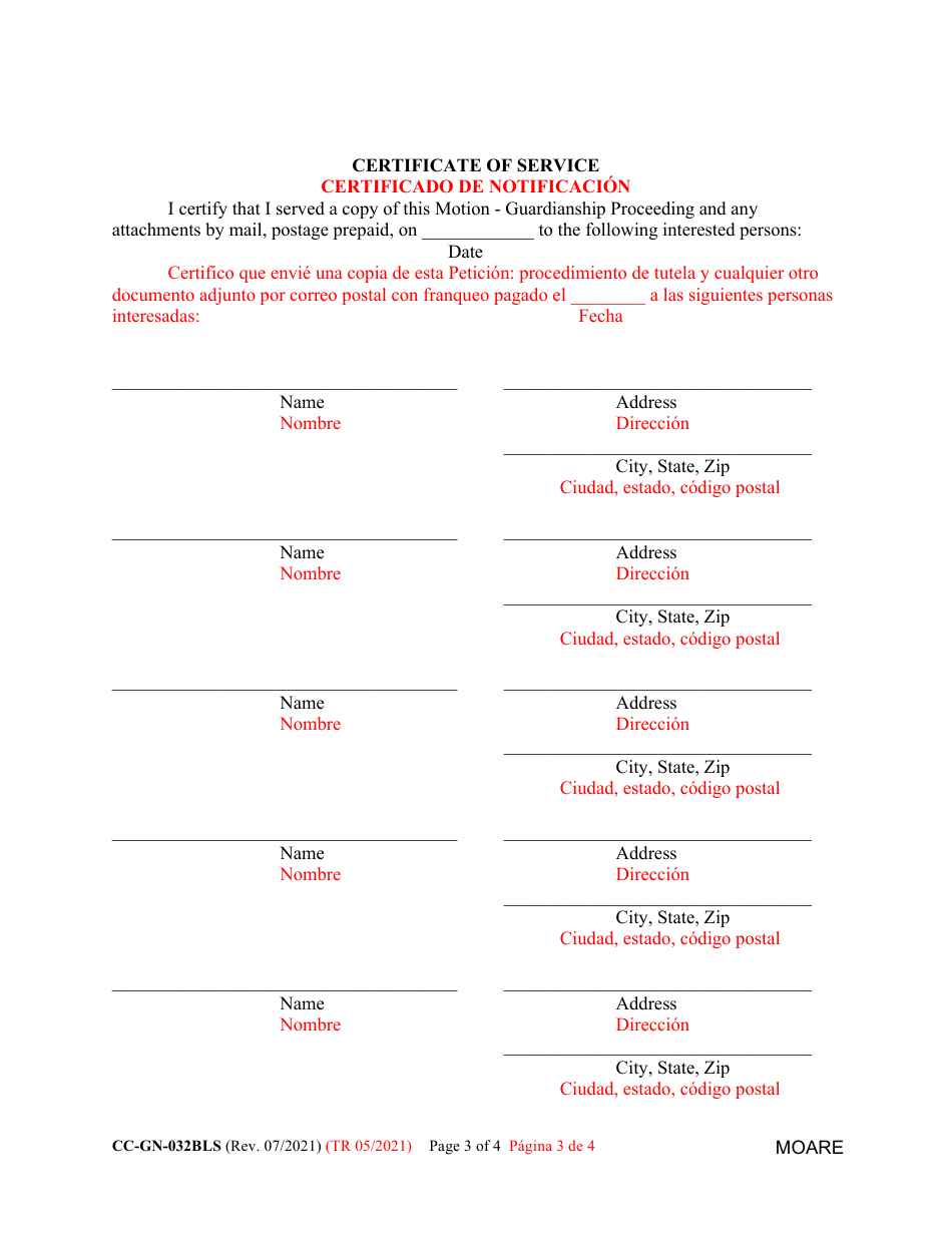 Form CC-GN-032BLS Motion for Appropriate Relief - Guardianship Proceeding - Maryland (English / Spanish), Page 3