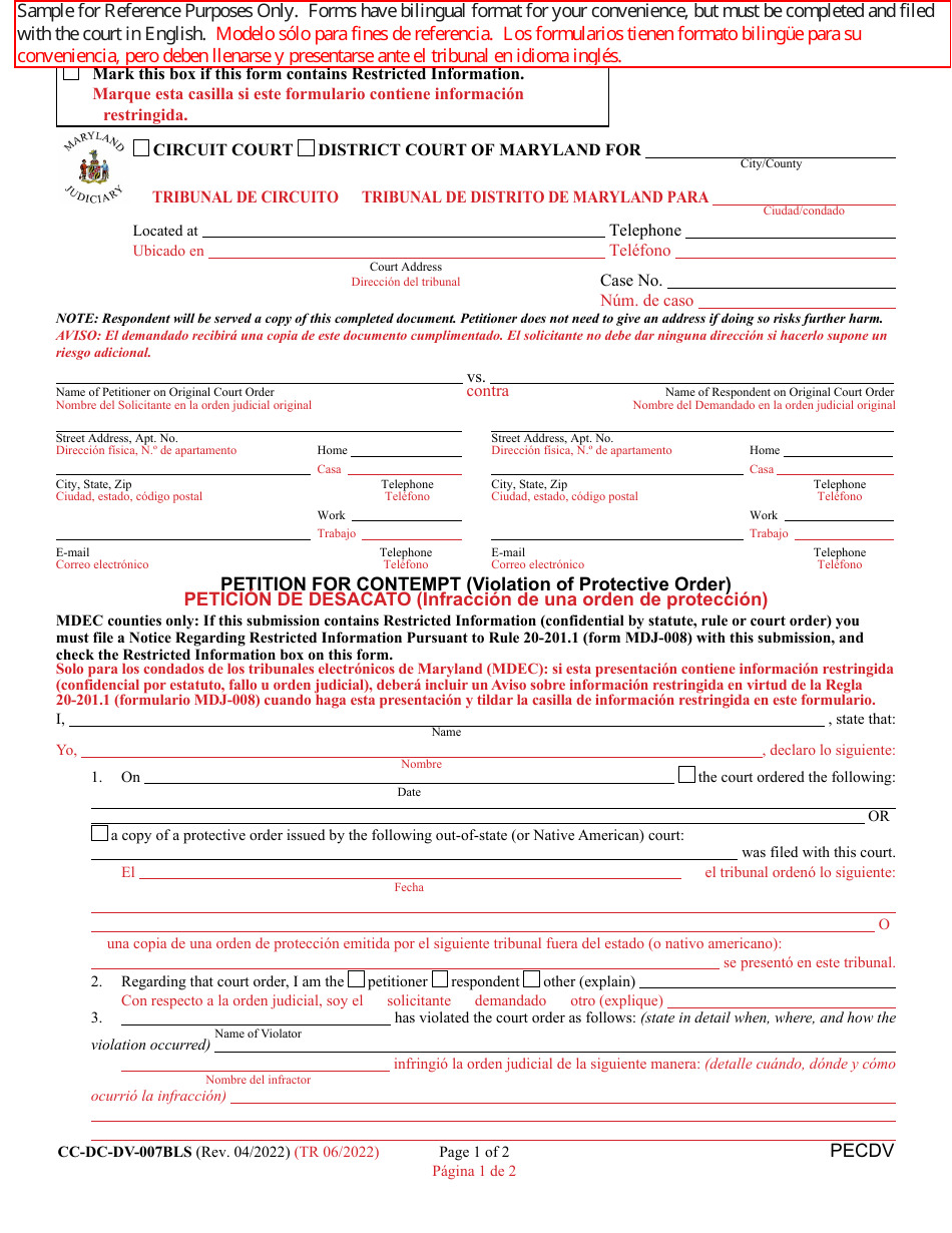 Form CC-DC-DV-007BLS Petition for Contempt (Violation of Protective Order) - Maryland (English / Spanish), Page 1