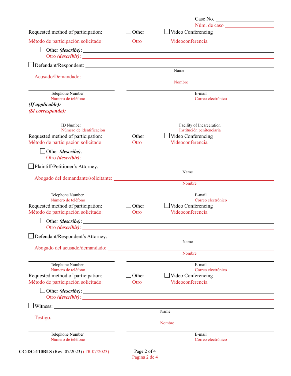 Form CC-DC-110BLS Motion for Remote Proceeding or to Appear Remotely - Maryland (English / Spanish), Page 2