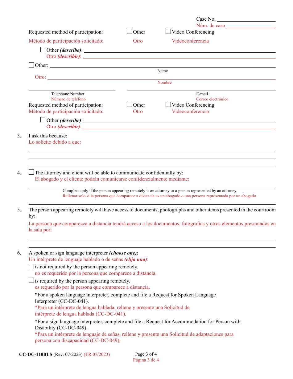 Form CC-DC-110BLS Motion for Remote Proceeding or to Appear Remotely - Maryland (English / Spanish), Page 3