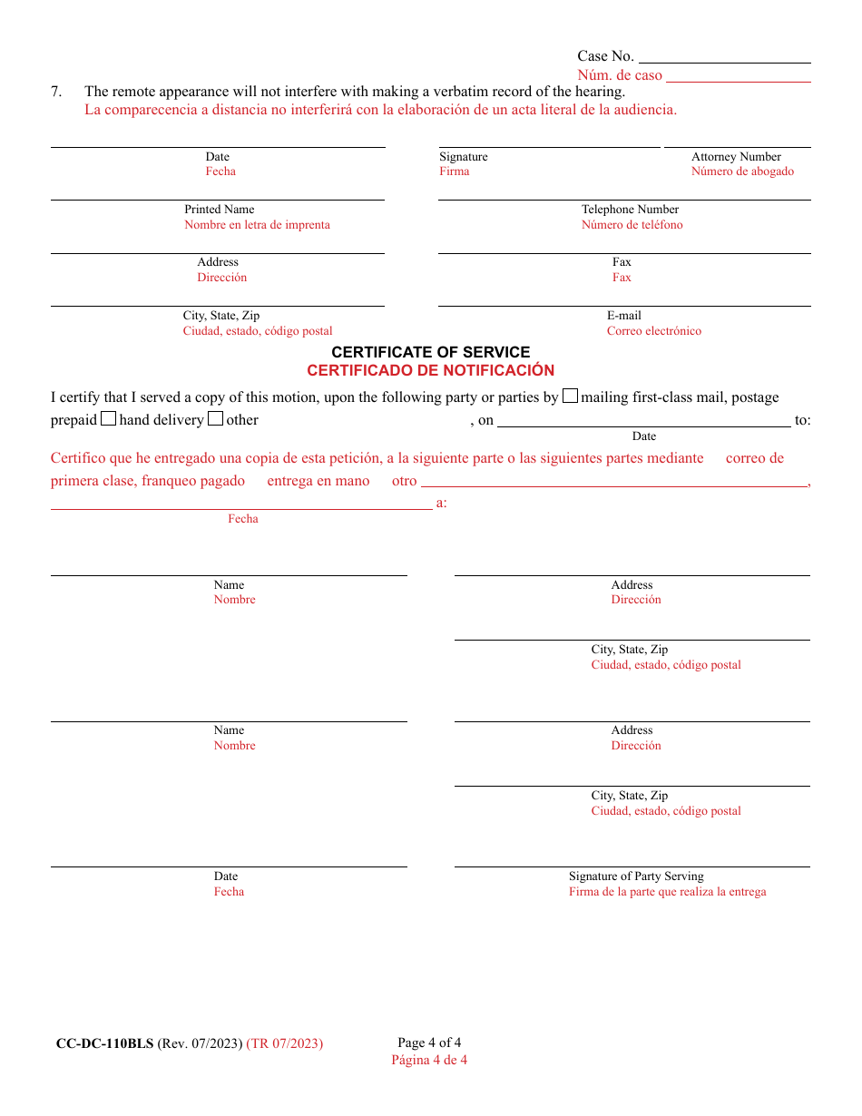 Form CC-DC-110BLS Motion for Remote Proceeding or to Appear Remotely - Maryland (English / Spanish), Page 4