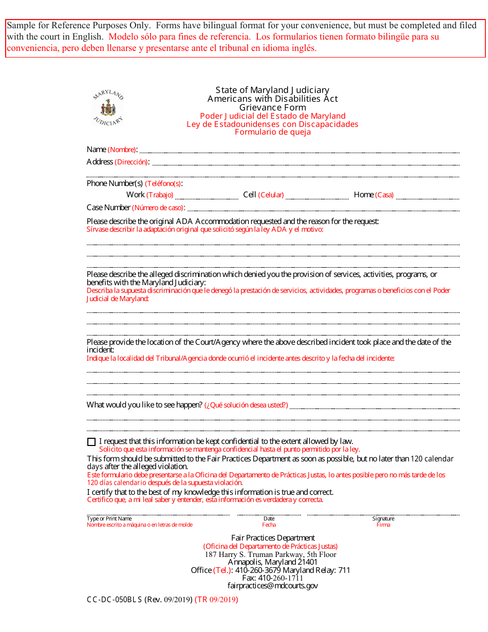 Form CC-DC-050BLS Americans With Disabilities Act Grievance Form - Maryland (English / Spanish), Page 1