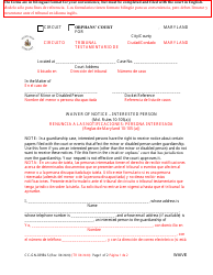 Document preview: Form CC-GN-039BLS Waiver of Notice - Interested Person (Md. Rules 10-105(A)) - Maryland (English/Spanish)