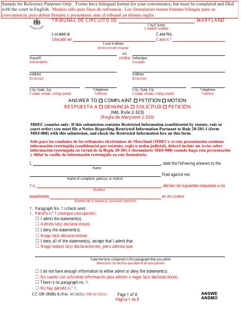 Form CC-DR-050BLS Answer to Complaint/Petition/Motion - Maryland (English/Spanish)