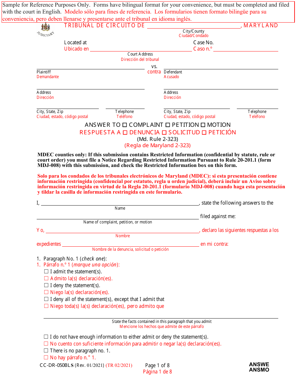 Form CC-DR-050BLS Answer to Complaint / Petition / Motion - Maryland (English / Spanish), Page 1