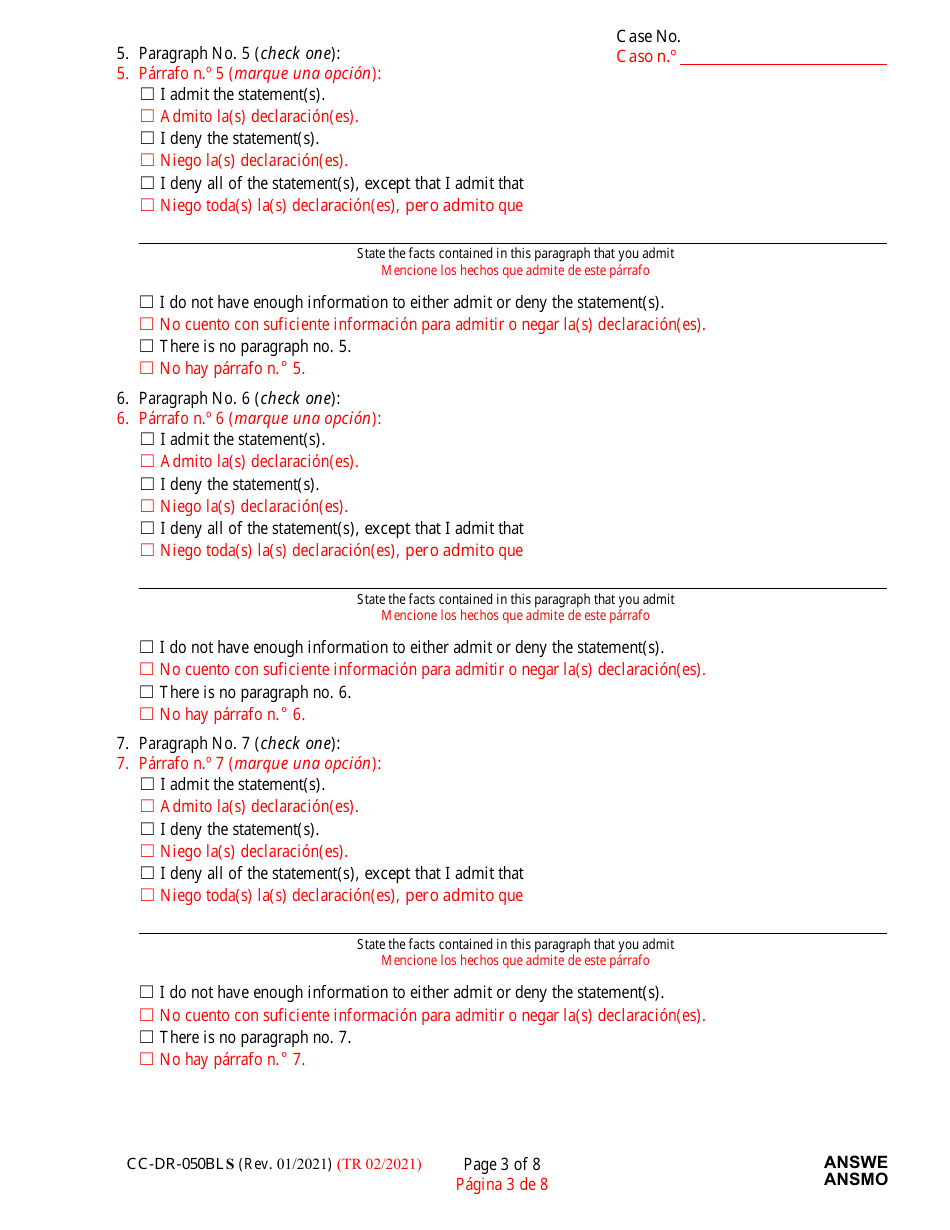 Form CC-DR-050BLS Answer to Complaint / Petition / Motion - Maryland (English / Spanish), Page 3