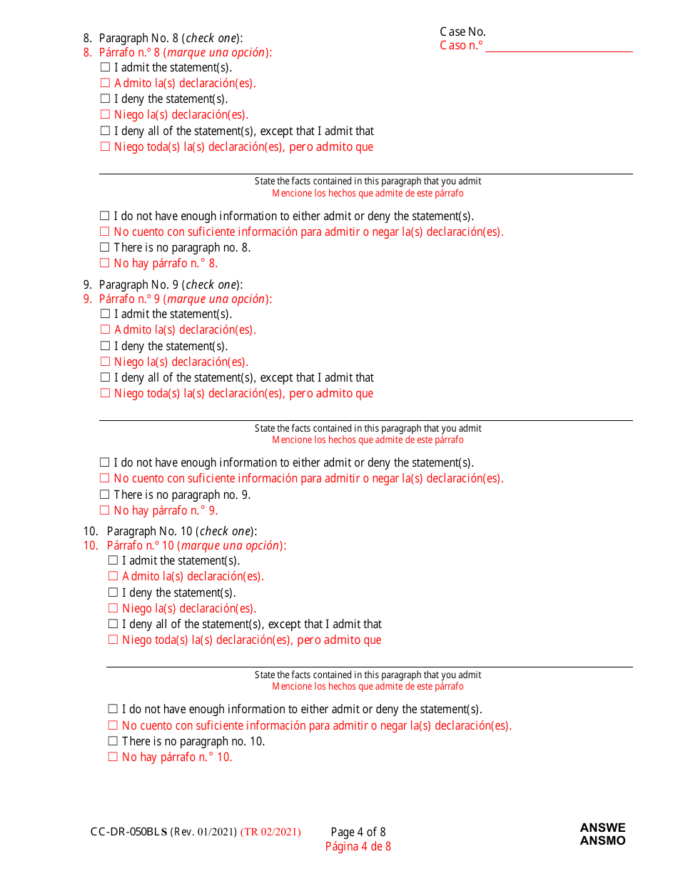 Form CC-DR-050BLS Answer to Complaint / Petition / Motion - Maryland (English / Spanish), Page 4