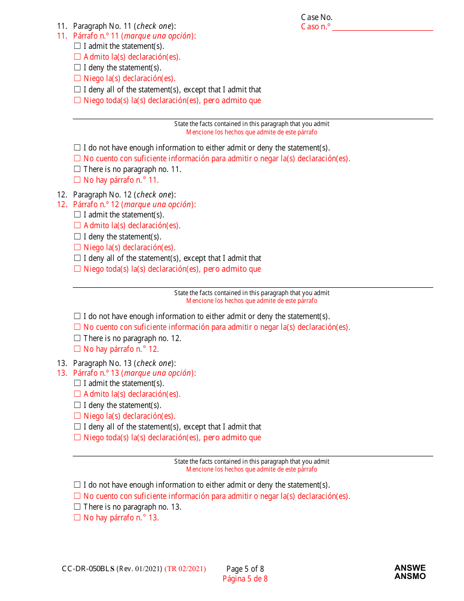 Form CC-DR-050BLS Answer to Complaint / Petition / Motion - Maryland (English / Spanish), Page 5