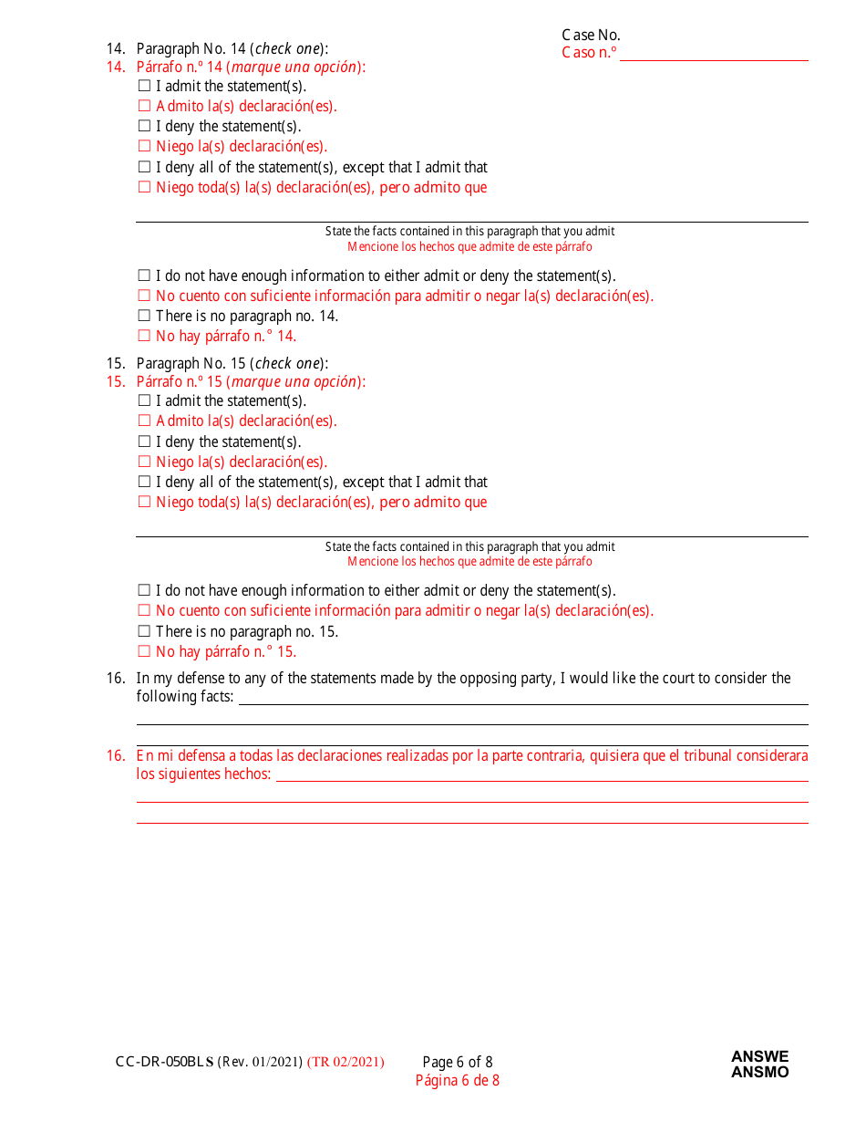 Form CC-DR-050BLS Answer to Complaint / Petition / Motion - Maryland (English / Spanish), Page 6