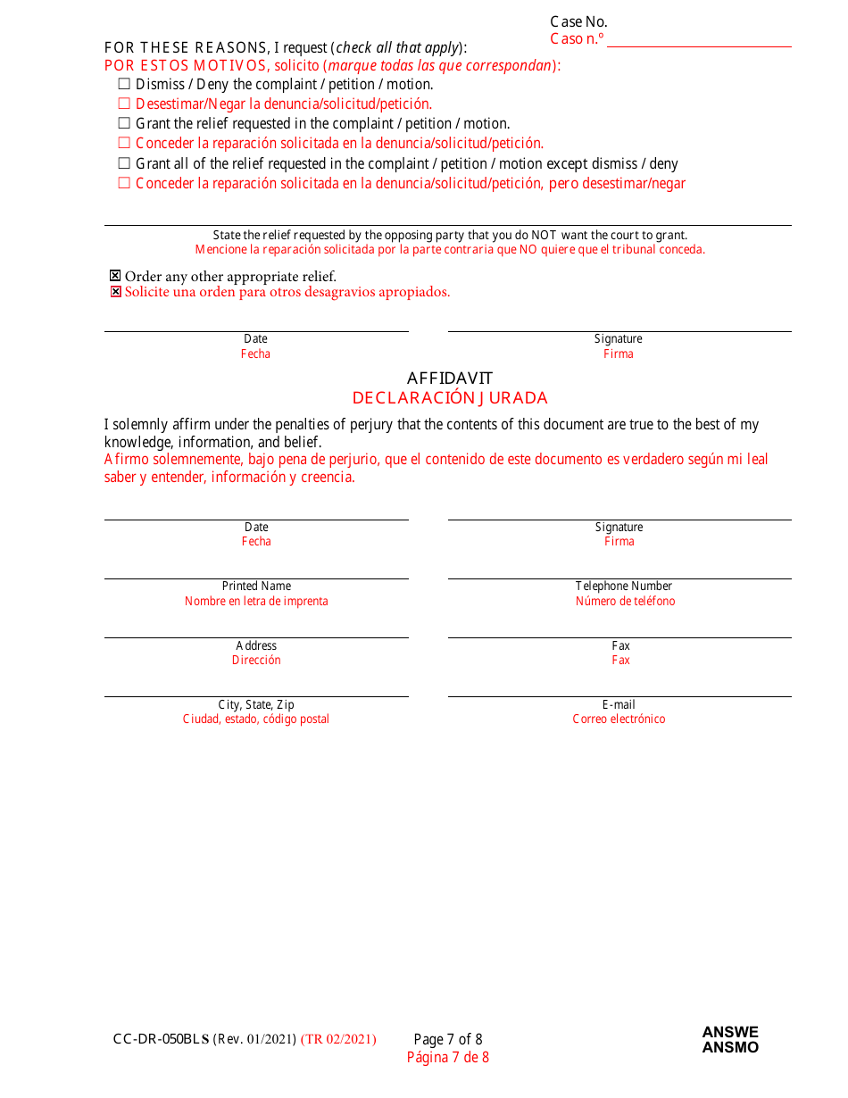 Form CC-DR-050BLS Answer to Complaint / Petition / Motion - Maryland (English / Spanish), Page 7