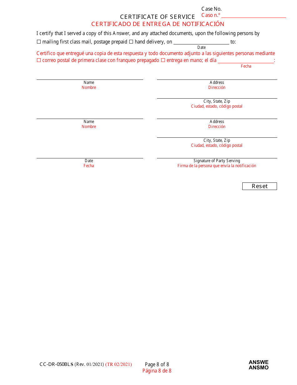 Form CC-DR-050BLS Answer to Complaint / Petition / Motion - Maryland (English / Spanish), Page 8