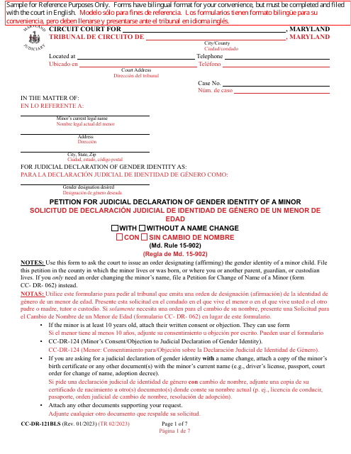 Form CC-DR-121BLS Petition for Judicial Declaration of Gender Identity of a Minor With/Without a Name Change - Maryland (English/Spanish)