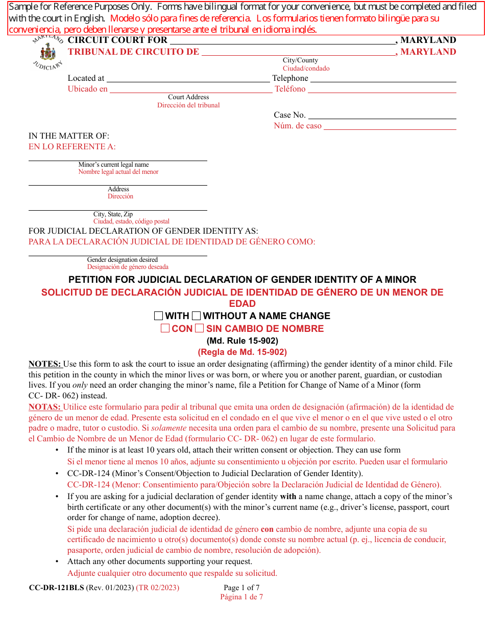 Form CC-DR-121BLS Petition for Judicial Declaration of Gender Identity of a Minor With / Without a Name Change - Maryland (English / Spanish), Page 1