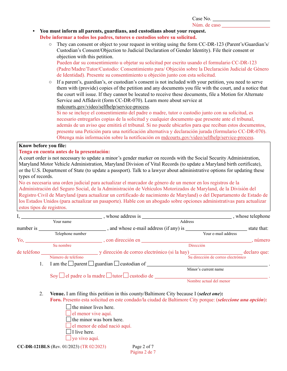 Form CC-DR-121BLS Petition for Judicial Declaration of Gender Identity of a Minor With / Without a Name Change - Maryland (English / Spanish), Page 2