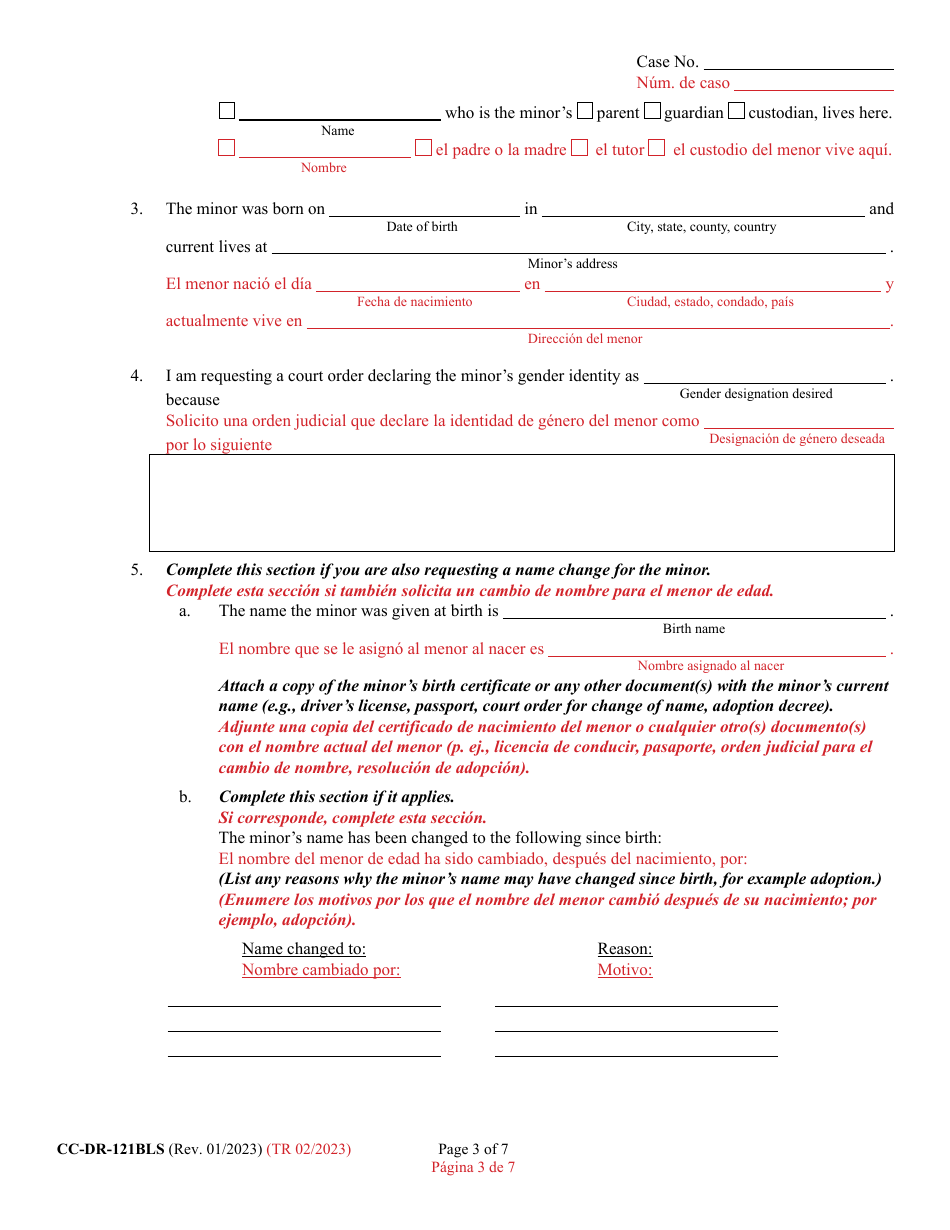 Form CC-DR-121BLS Petition for Judicial Declaration of Gender Identity of a Minor With / Without a Name Change - Maryland (English / Spanish), Page 3