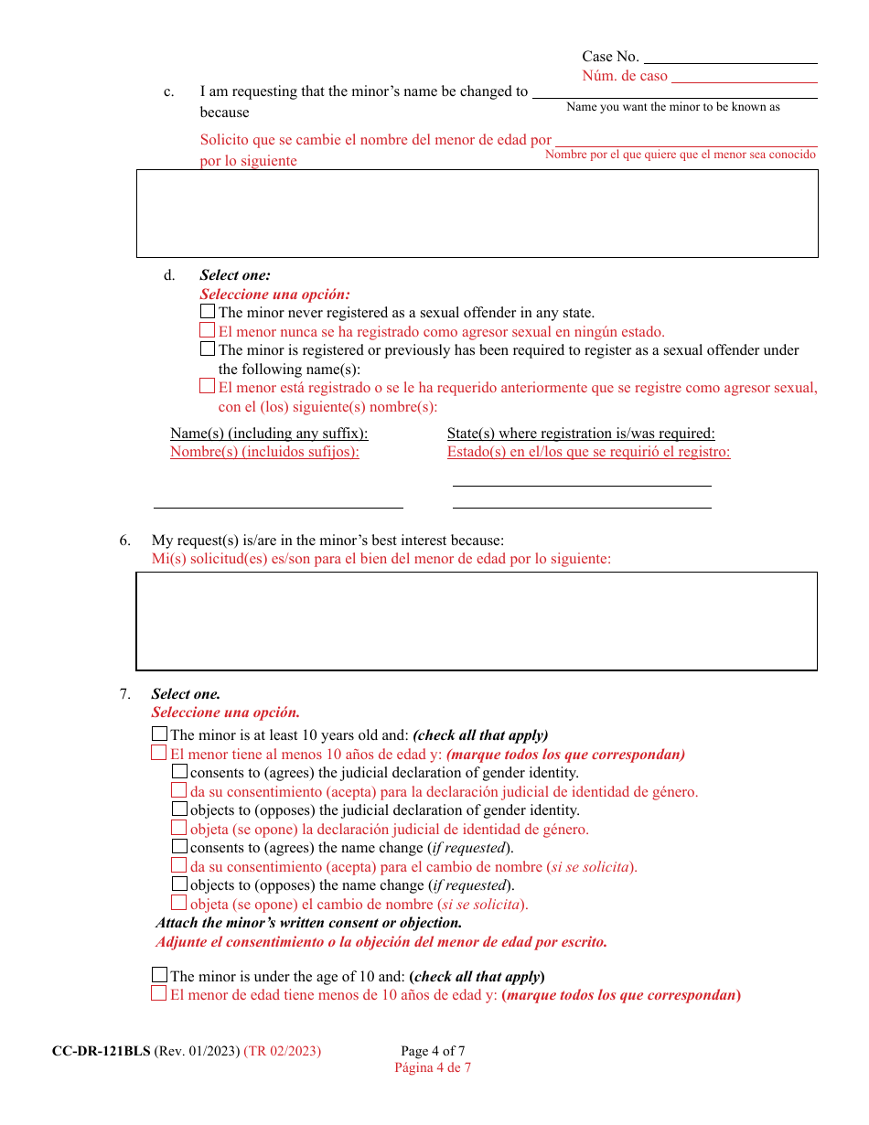 Form CC-DR-121BLS Petition for Judicial Declaration of Gender Identity of a Minor With / Without a Name Change - Maryland (English / Spanish), Page 4