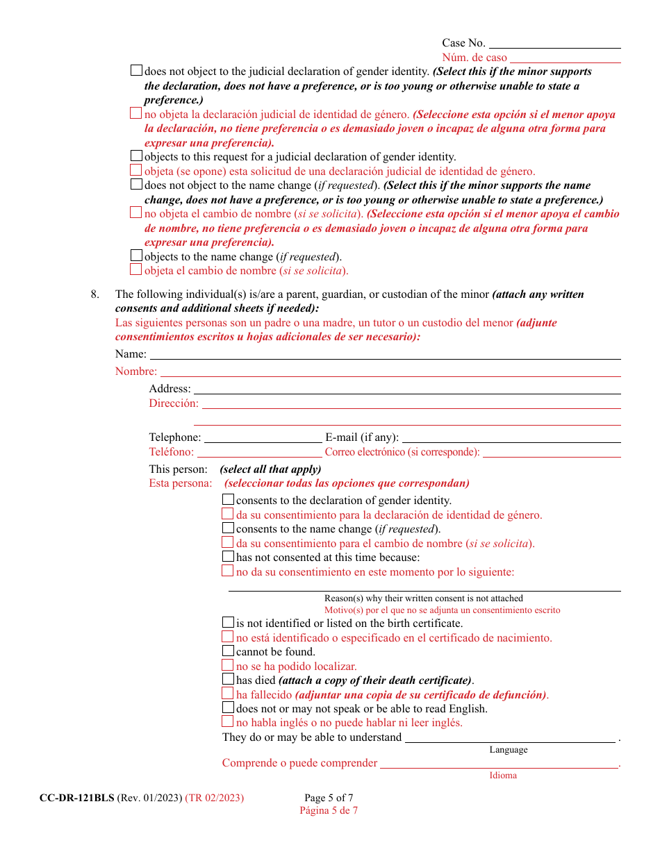 Form CC-DR-121BLS Petition for Judicial Declaration of Gender Identity of a Minor With / Without a Name Change - Maryland (English / Spanish), Page 5