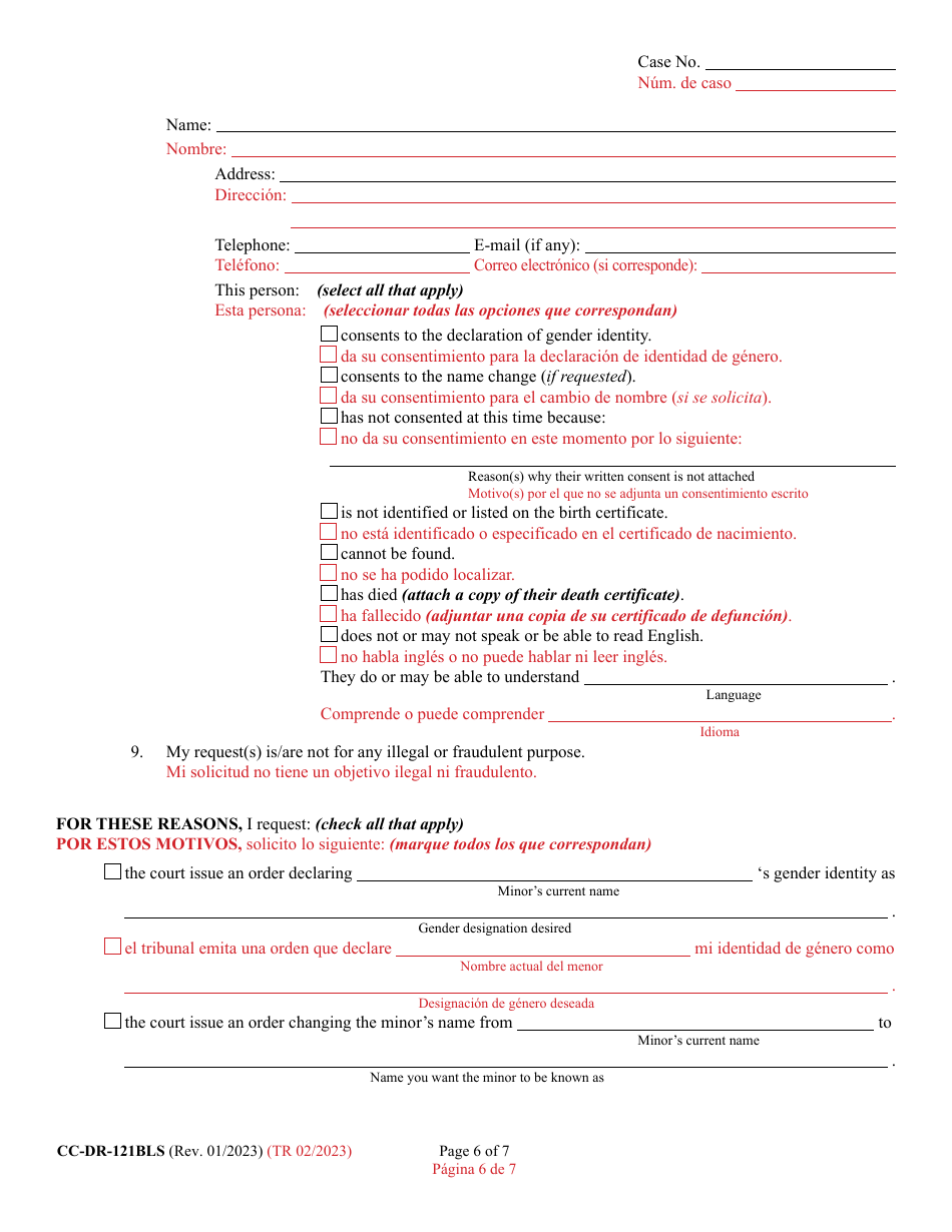Form CC-DR-121BLS Petition for Judicial Declaration of Gender Identity of a Minor With / Without a Name Change - Maryland (English / Spanish), Page 6
