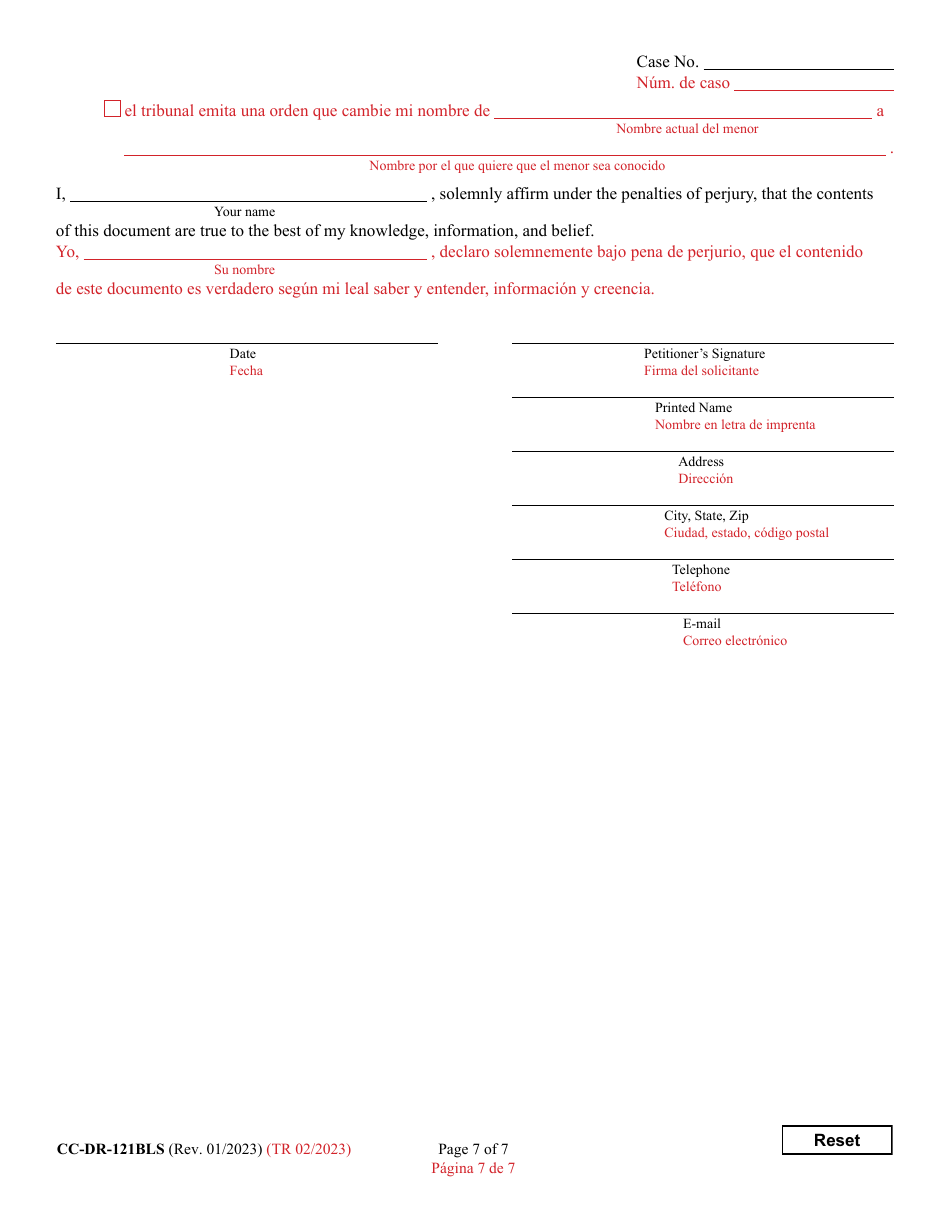 Form CC-DR-121BLS Petition for Judicial Declaration of Gender Identity of a Minor With / Without a Name Change - Maryland (English / Spanish), Page 7