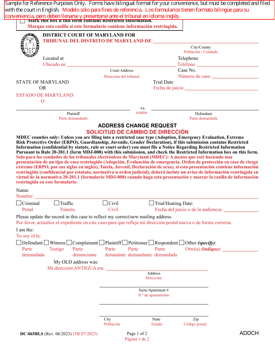Form DC-065BLS Address Change Request - Maryland (English / Spanish), Page 1