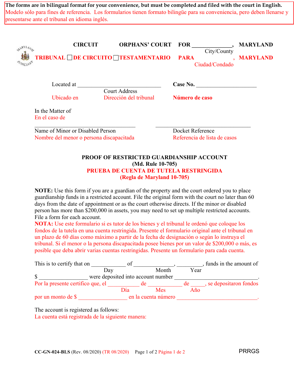 Form CC-GN-024-BLS Proof of Restricted Guardianship Account - Maryland (English / Spanish), Page 1