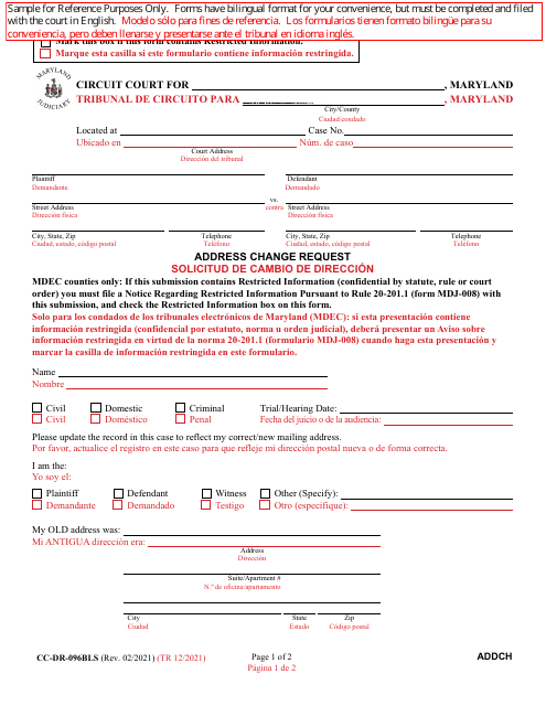 Form CC-DR-096BLS Address Change Request - Maryland (English/Spanish)