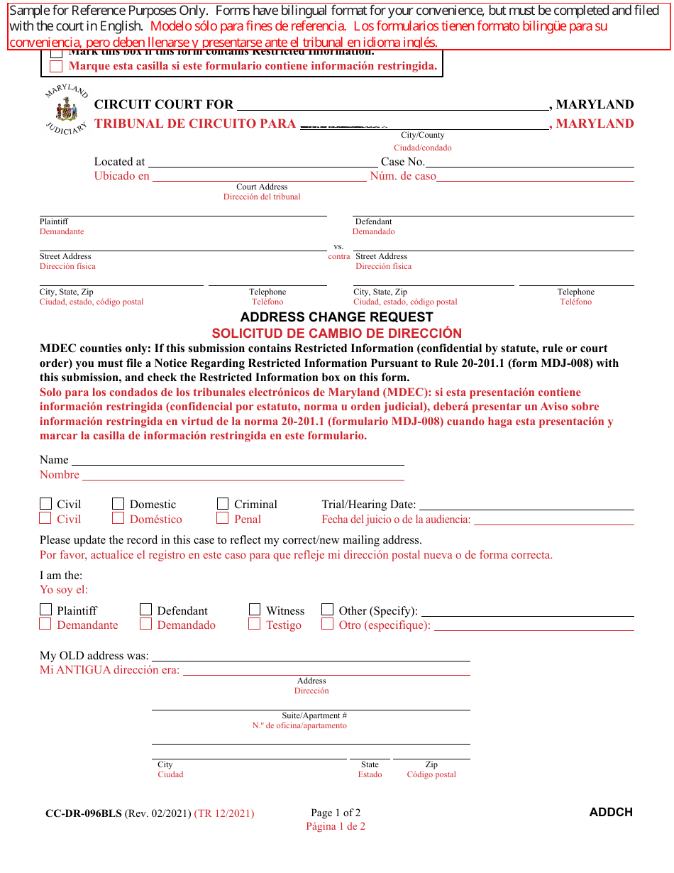 Form CC-DR-096BLS Address Change Request - Maryland (English / Spanish), Page 1