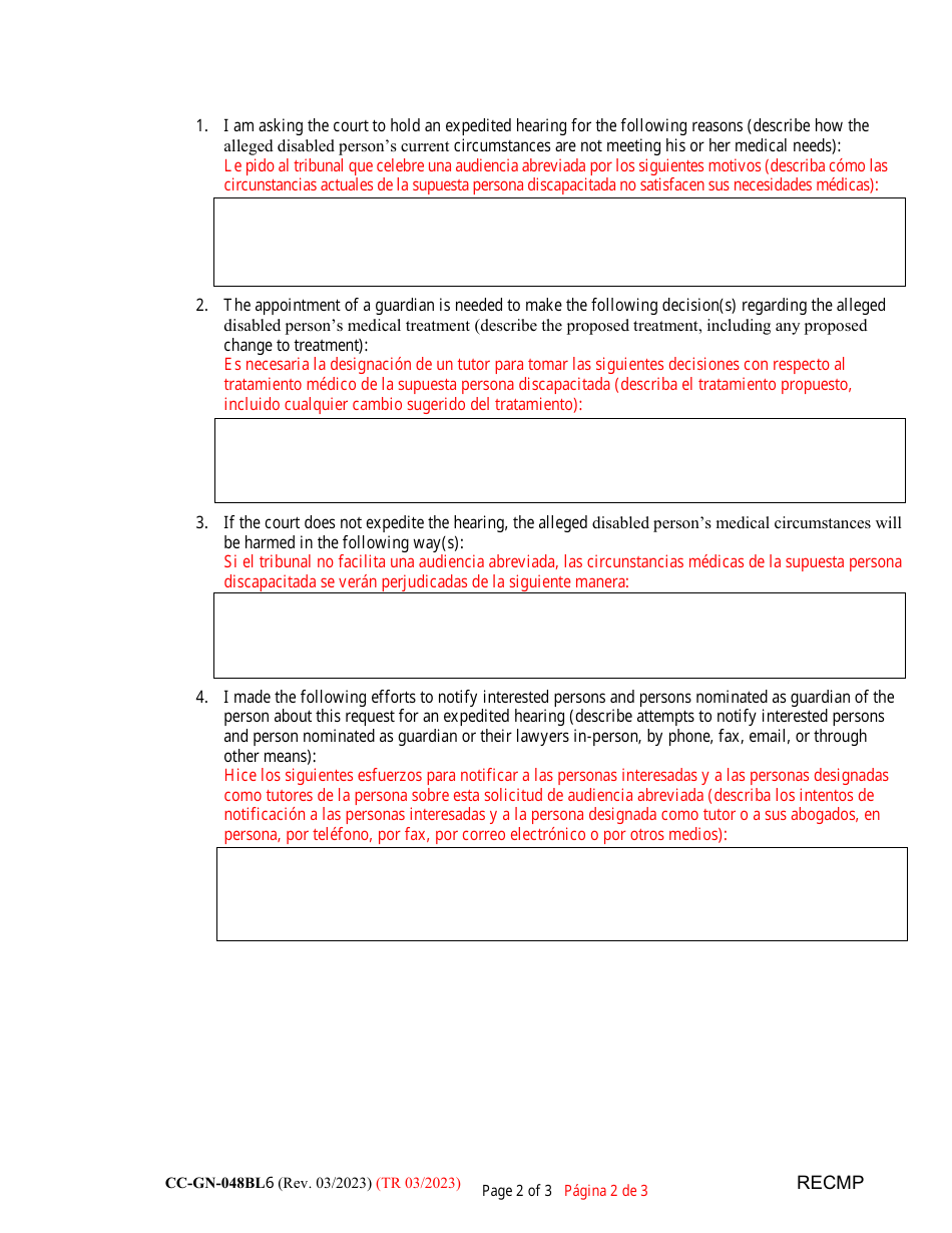 Form CC-GN-048BLS Request for Expedited Hearing in Connection With Medical Treatment - Maryland (English / Spanish), Page 2