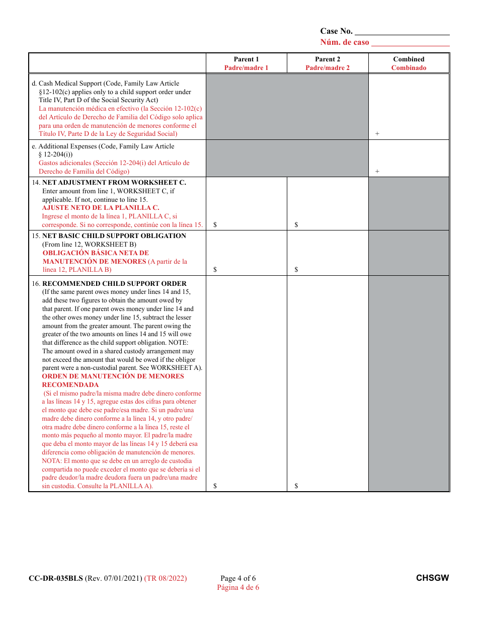 Form CC-DR-035BLS Worksheet B Child Support Obligation: Shared Physical Custody - Maryland (English / Spanish), Page 4