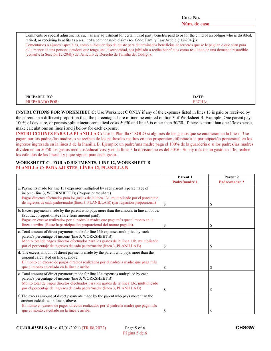 Form CC-DR-035BLS Worksheet B Child Support Obligation: Shared Physical Custody - Maryland (English / Spanish), Page 5