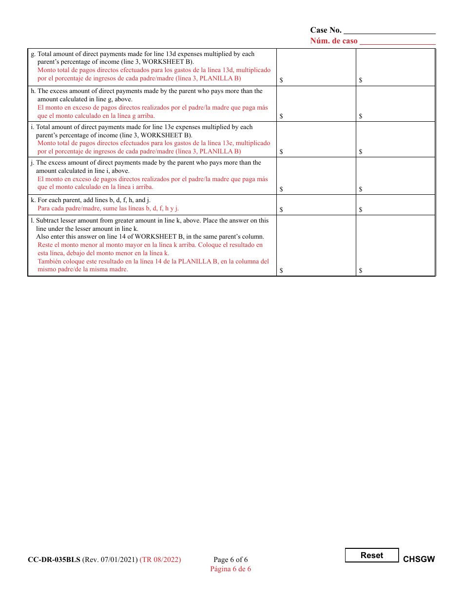 Form CC-DR-035BLS Worksheet B Child Support Obligation: Shared Physical Custody - Maryland (English / Spanish), Page 6